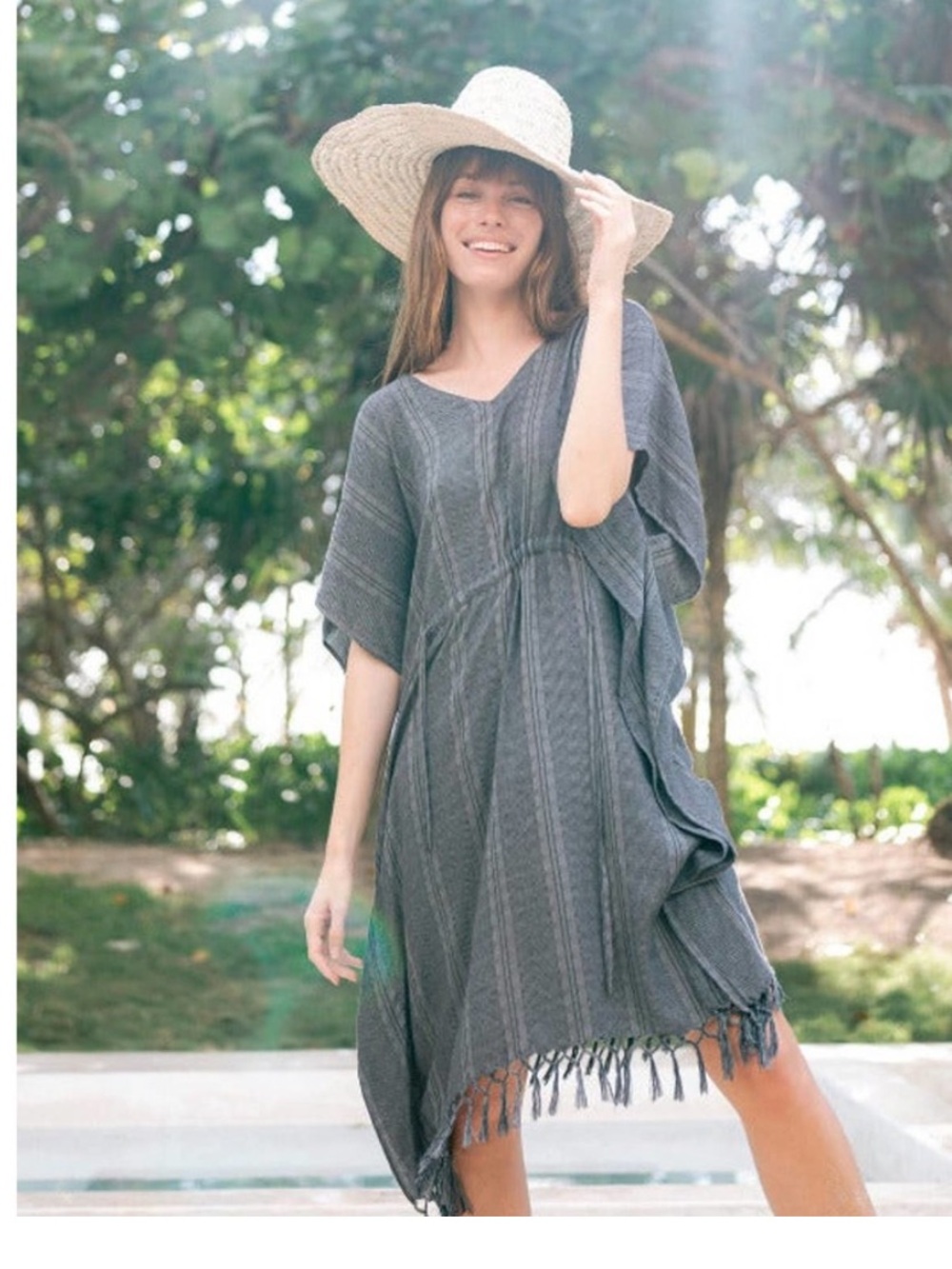 NEW MERSEA Midi Kaftan Pinstriped Charcoal Grey Fringe beach cover